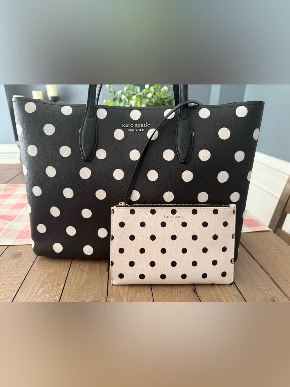 kate spade Black and White Polka Dot Tote with Matching pouch